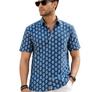 Majestic Man Men's Printed Pure Cotton Casual Shirt | Half Sleeve | Slim Fit | Collared Neck | Sanganeri | Jaipuri | Printed