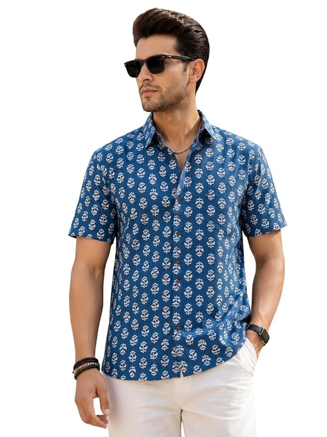 Majestic Man Men's Printed Pure Cotton Casual Shirt | Half Sleeve | Slim Fit | Collared Neck | Sanganeri | Jaipuri | Printed